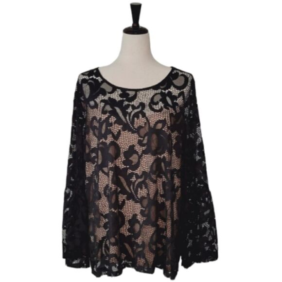 I.N.C. Woman Black Lace Tan Lining Flounce Sleeve Blouse Pullover Size 1X - Picture 1 of 8